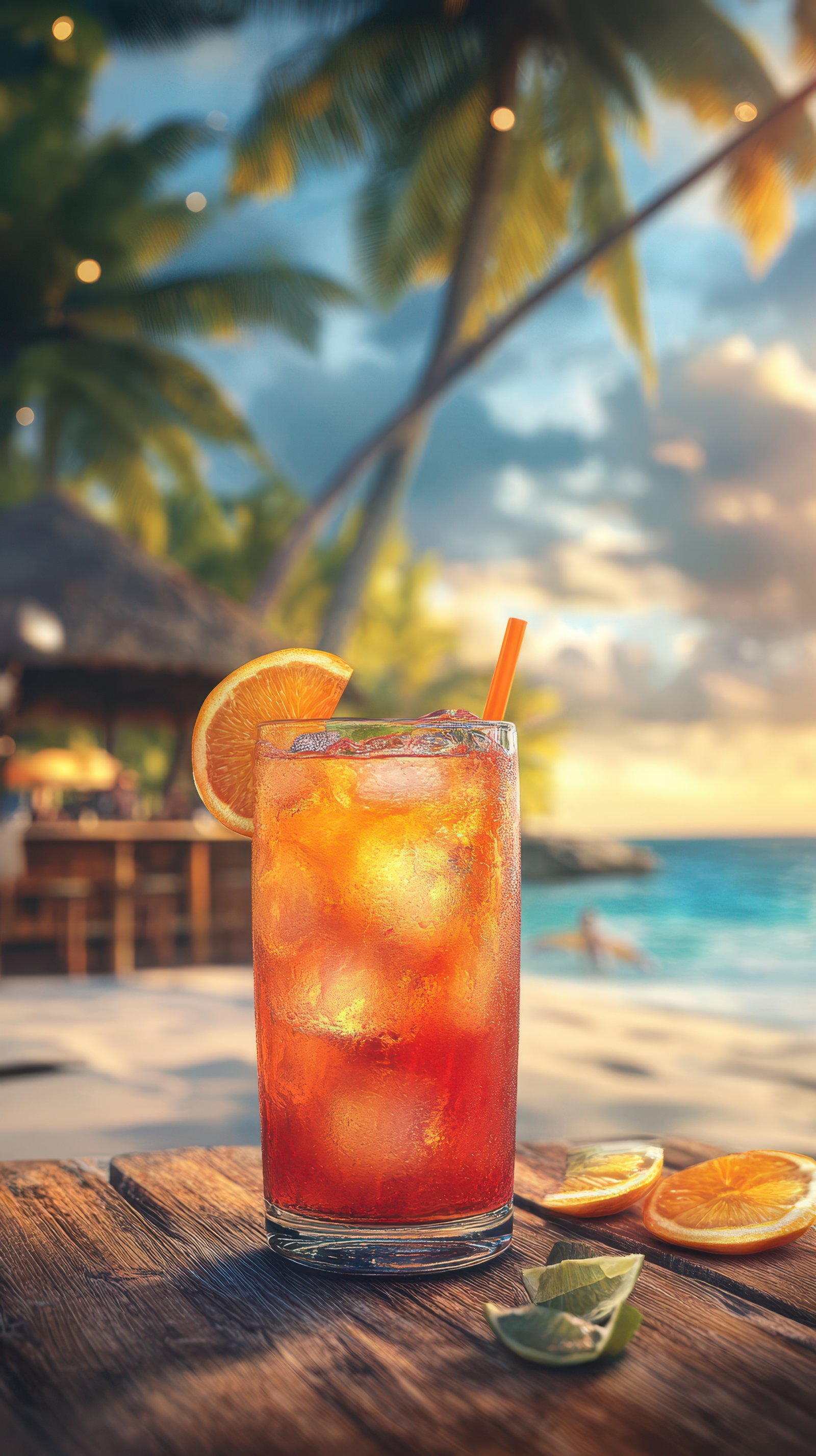 Refreshing cocktail on a tropical beach during sunset with palm trees in the background